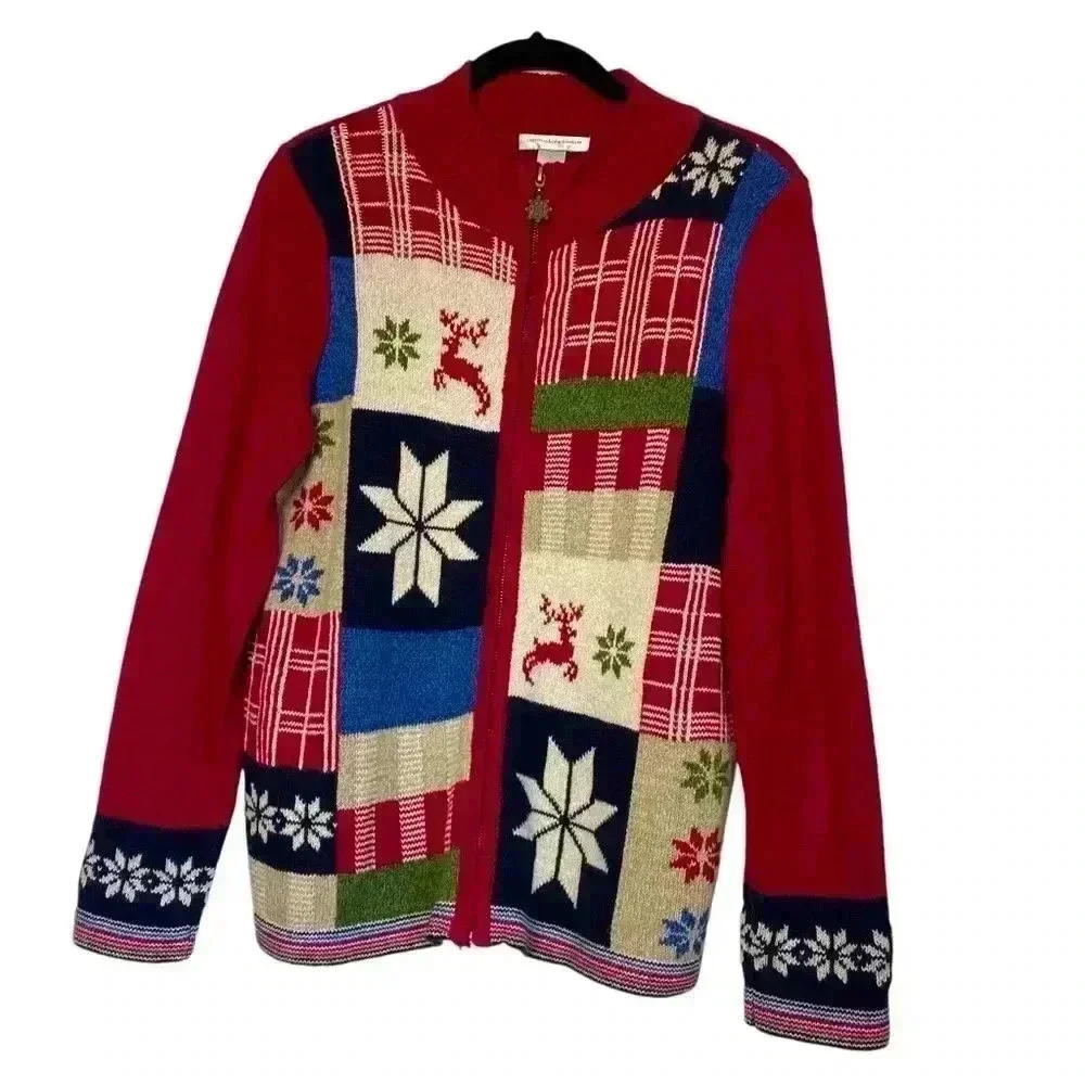 Vintage Christopher & Banks Christmas Sweater snowflake, zipper front  Size M